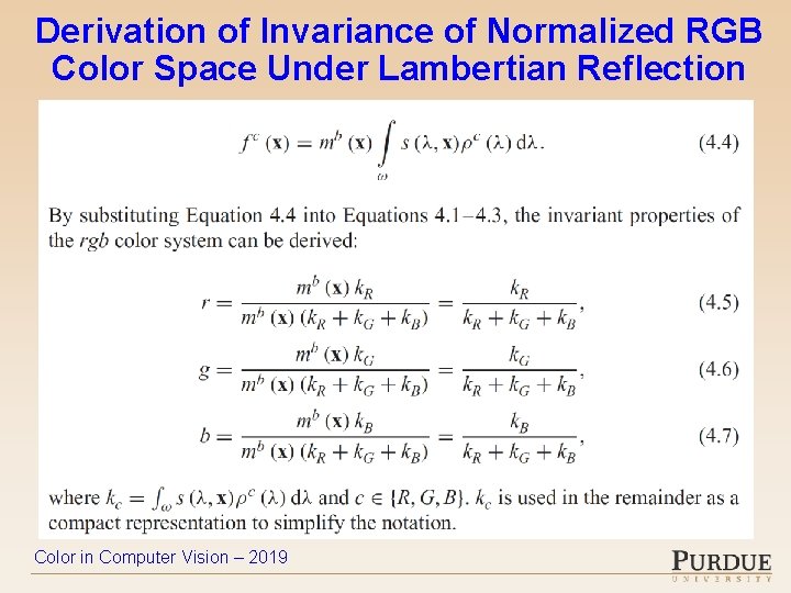 Derivation of Invariance of Normalized RGB Color Space Under Lambertian Reflection Color in Computer