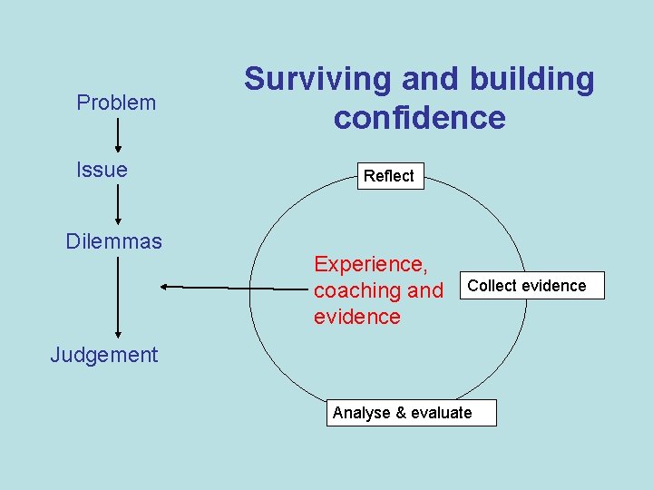 Problem Issue Dilemmas Surviving and building confidence Reflect Experience, coaching and evidence Collect evidence