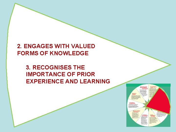 2. ENGAGES WITH VALUED FORMS OF KNOWLEDGE 3. RECOGNISES THE IMPORTANCE OF PRIOR EXPERIENCE