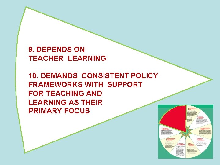 9. DEPENDS ON TEACHER LEARNING 10. DEMANDS CONSISTENT POLICY FRAMEWORKS WITH SUPPORT FOR TEACHING