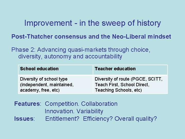 Improvement - in the sweep of history Post-Thatcher consensus and the Neo-Liberal mindset Phase