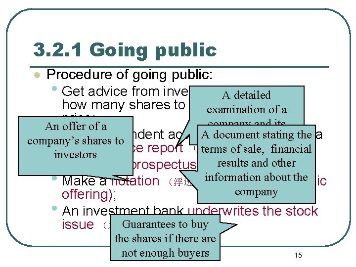 3. 2. 1 Going public Procedure of going public: • Get advice from investment