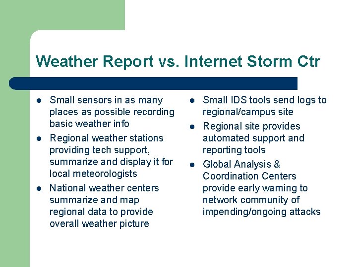 Weather Report vs. Internet Storm Ctr l l l Small sensors in as many