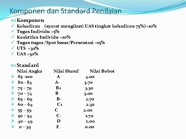 Komponen dan Standard Penilaian Komponen ü ü ü Kehadiran (syarat mengikuti UAS tingkat kehadiran