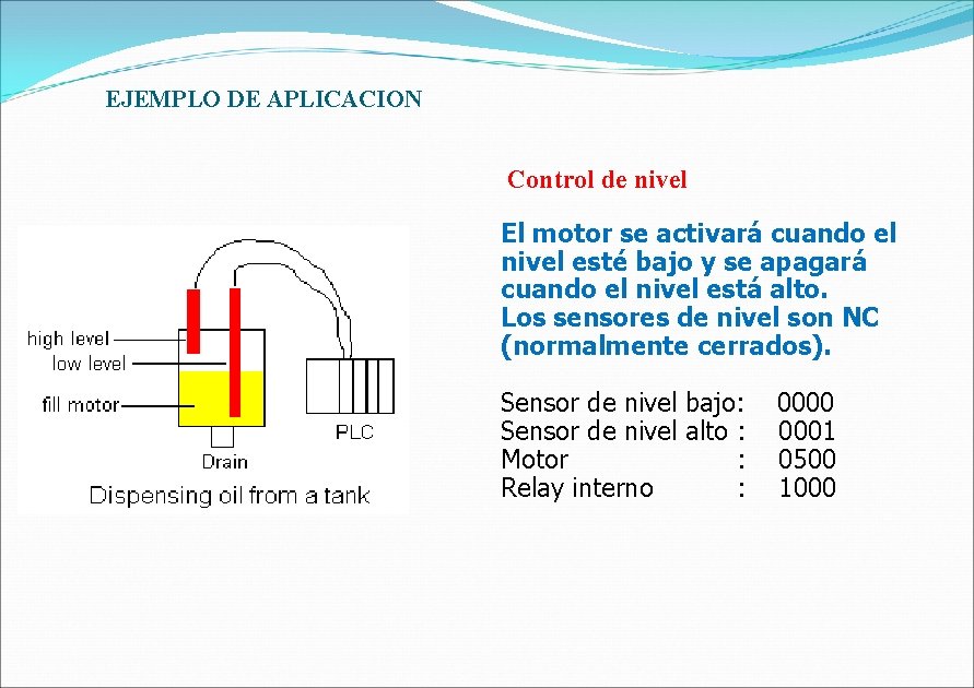 EJEMPLO DE APLICACION Control de nivel El motor se activará cuando el nivel esté