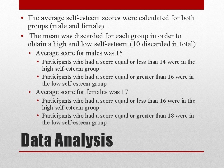  • The average self-esteem scores were calculated for both groups (male and female)