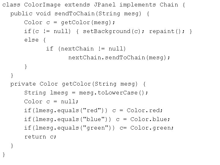 class Color. Image extends JPanel implements Chain { public void send. To. Chain(String mesg)