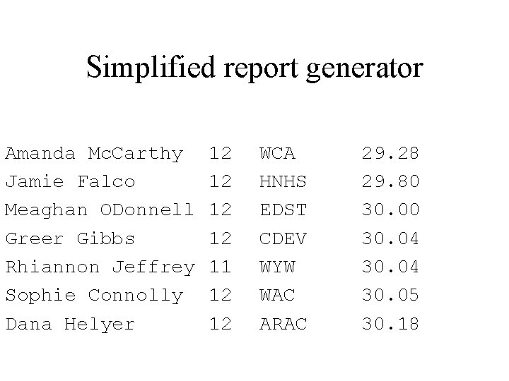 Simplified report generator Amanda Mc. Carthy Jamie Falco Meaghan ODonnell Greer Gibbs Rhiannon Jeffrey