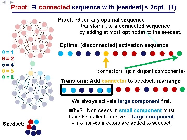 Proof: ∃ connected sequence with |seedset| < 2 opt. (1) Proof: Given any optimal