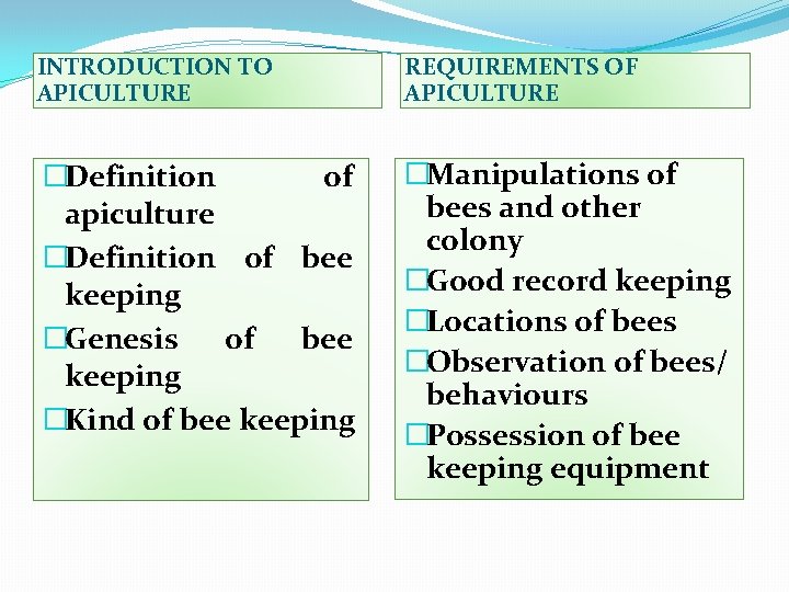 INTRODUCTION TO APICULTURE REQUIREMENTS OF APICULTURE �Definition of apiculture �Definition of bee keeping �Genesis