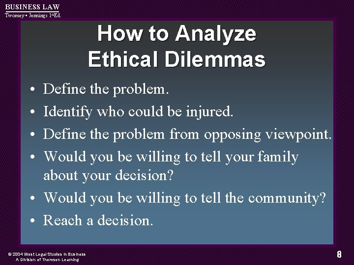 BUSINESS LAW Twomey • Jennings 1 st. Ed. How to Analyze Ethical Dilemmas •