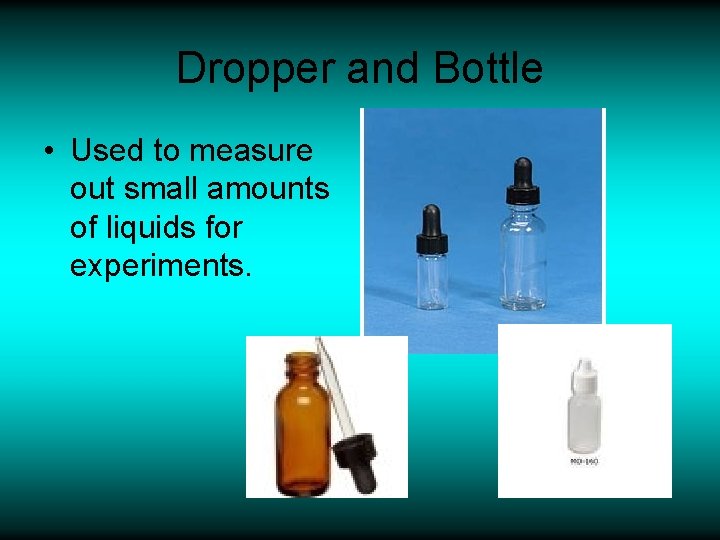 Dropper and Bottle • Used to measure out small amounts of liquids for experiments.