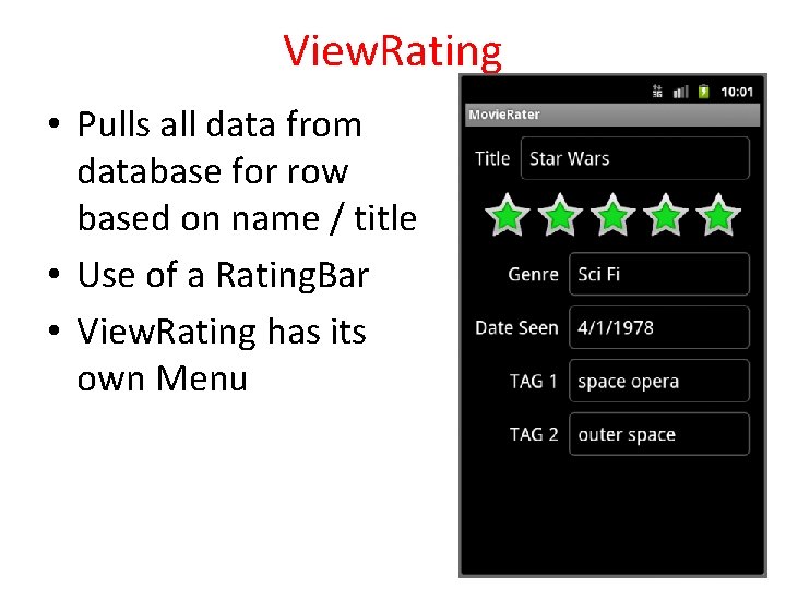 View. Rating • Pulls all data from database for row based on name /