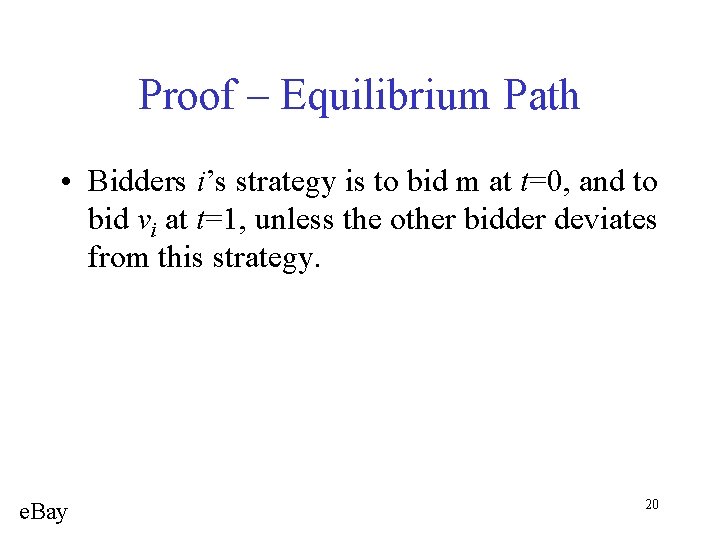 Proof – Equilibrium Path • Bidders i’s strategy is to bid m at t=0,