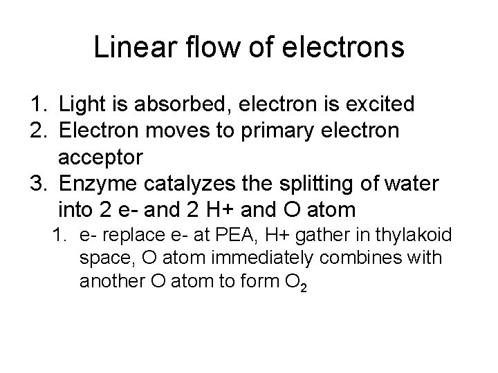 Linear flow of electrons 1. Light is absorbed, electron is excited 2. Electron moves