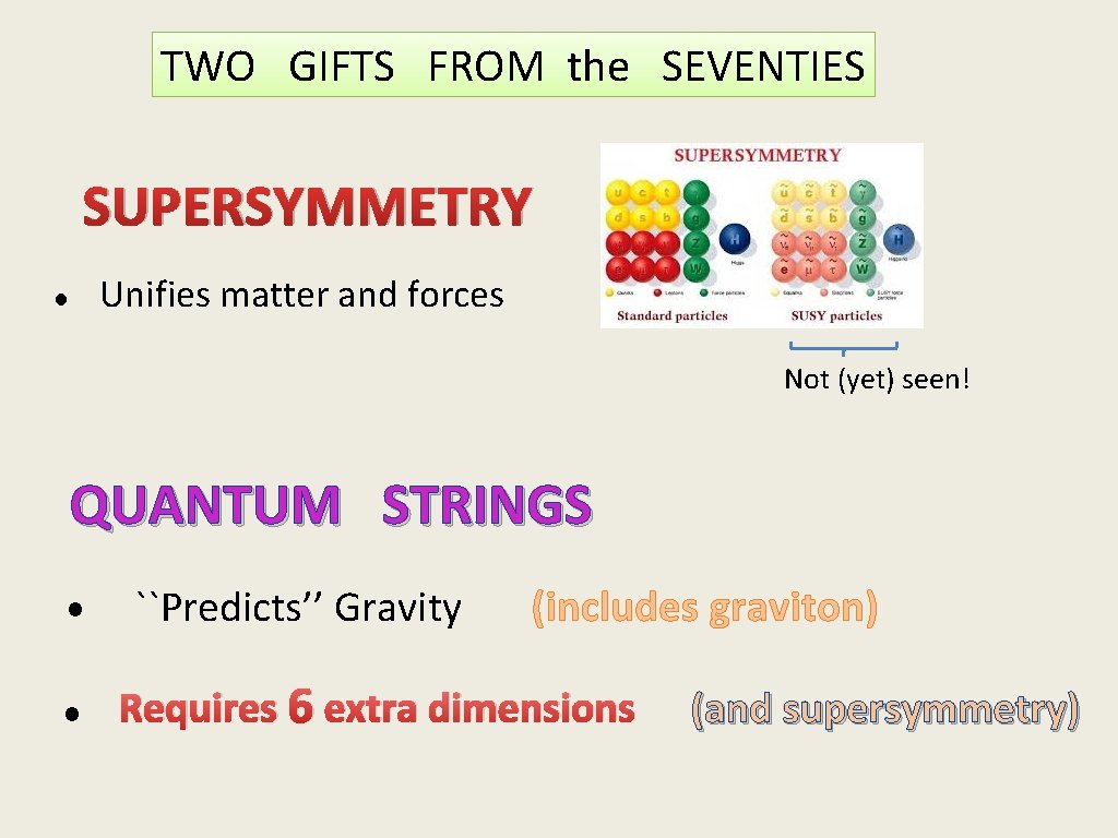 TWO GIFTS FROM the SEVENTIES SUPERSYMMETRY Unifies matter and forces Not (yet) seen! QUANTUM
