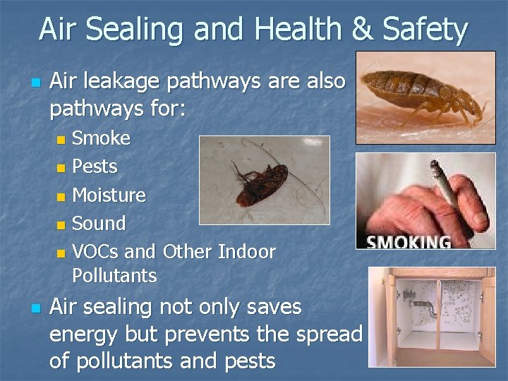 Air Sealing and Health & Safety n Air leakage pathways are also pathways for: