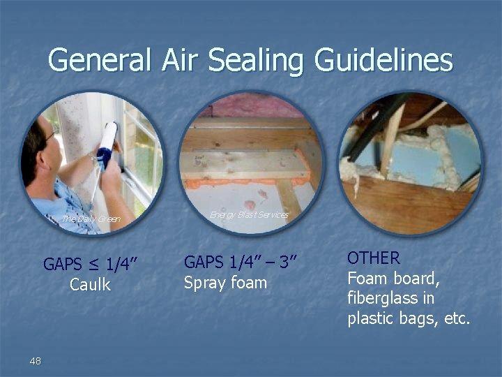 General Air Sealing Guidelines The Daily Green GAPS ≤ 1/4” Caulk 48 Energy Blast