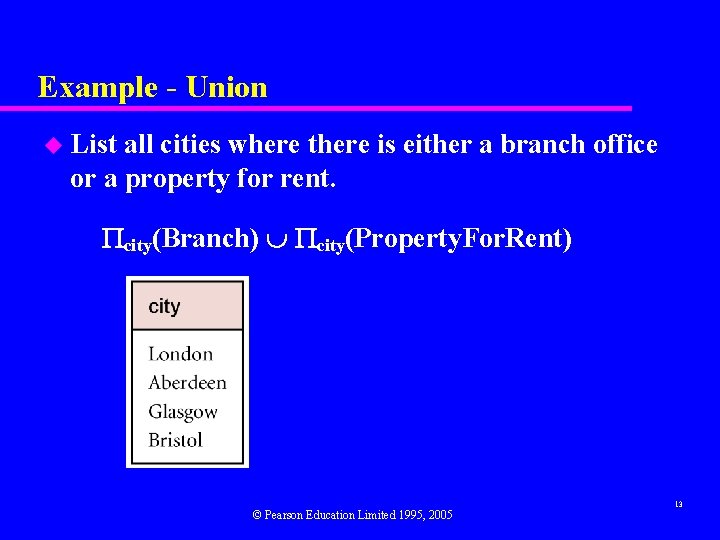 Example - Union u List all cities where there is either a branch office Example - Union u List all cities where there is either a branch office
