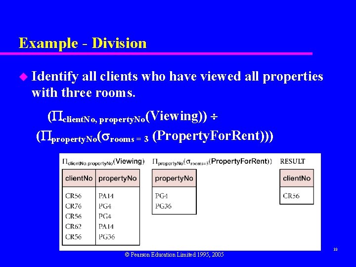 Example - Division u Identify all clients who have viewed all properties with three