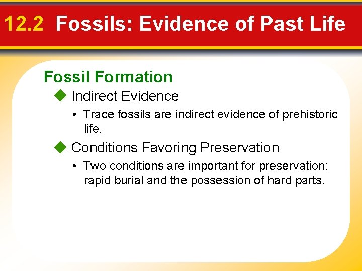 12. 2 Fossils: Evidence of Past Life Fossil Formation Indirect Evidence • Trace fossils