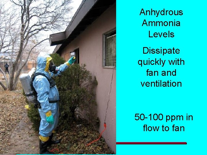 Anhydrous Ammonia Levels Dissipate quickly with fan and ventilation 50 -100 ppm in flow