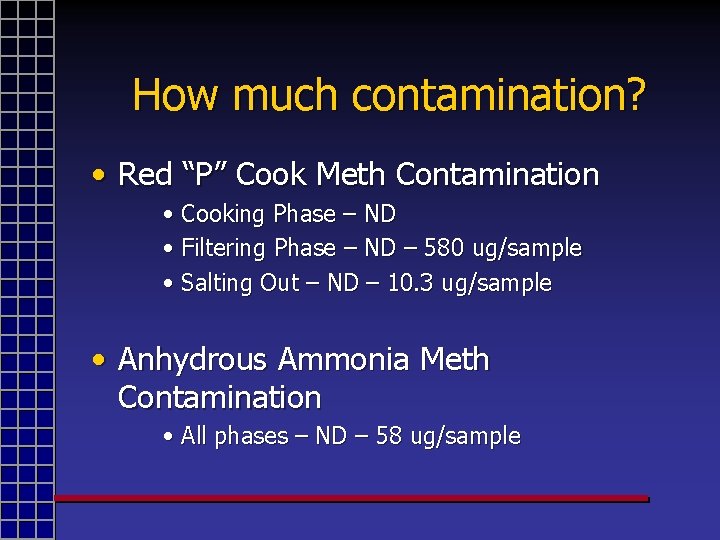 How much contamination? • Red “P” Cook Meth Contamination • Cooking Phase – ND