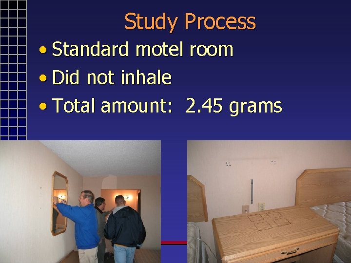 Study Process • Standard motel room • Did not inhale • Total amount: 2.