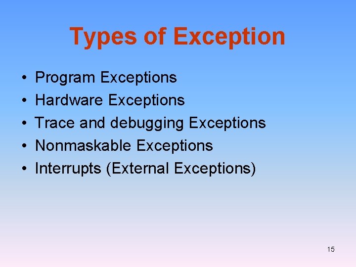 Types of Exception • • • Program Exceptions Hardware Exceptions Trace and debugging Exceptions