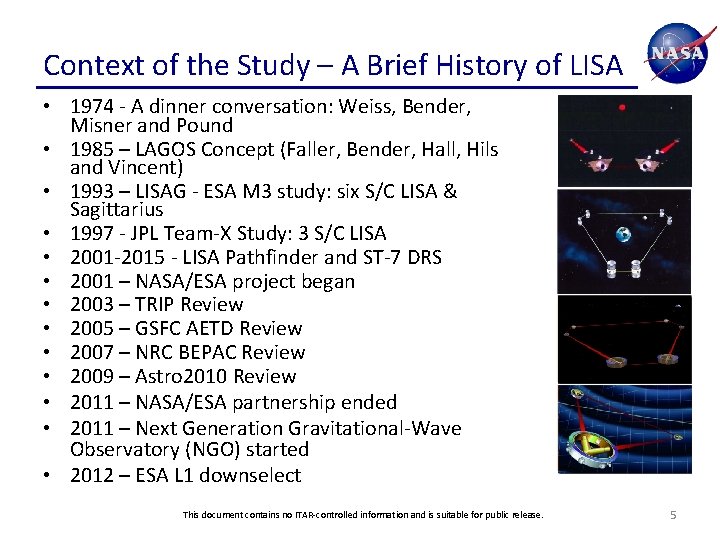 Context of the Study – A Brief History of LISA • 1974 - A