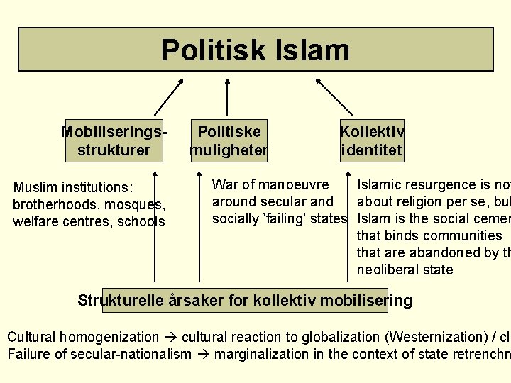 Politisk Islam Mobiliseringsstrukturer Muslim institutions: brotherhoods, mosques, welfare centres, schools Politiske muligheter Kollektiv identitet