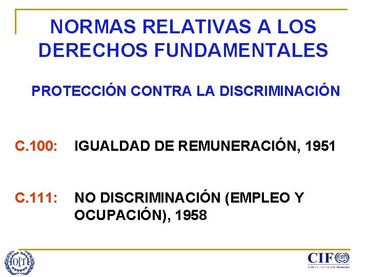 NORMAS RELATIVAS A LOS DERECHOS FUNDAMENTALES PROTECCIÓN CONTRA LA DISCRIMINACIÓN C. 100: IGUALDAD DE