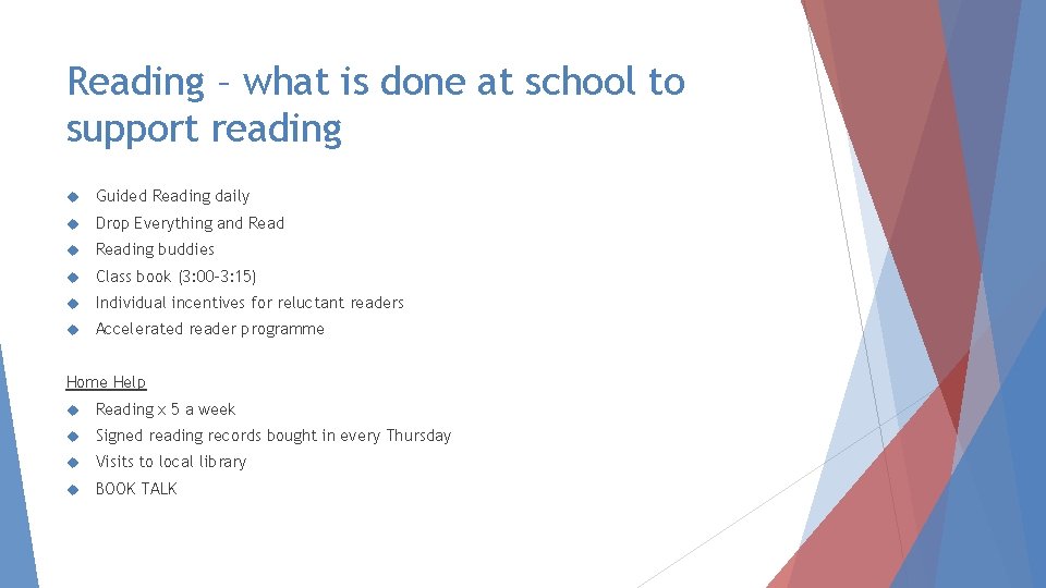 Reading – what is done at school to support reading Guided Reading daily Drop