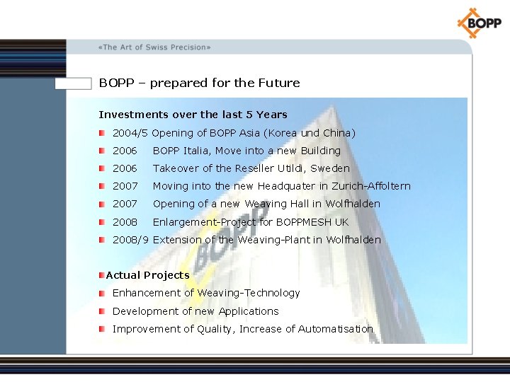 BOPP – prepared for the Future Investments over the last 5 Years 2004/5 Opening