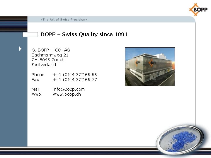 BOPP – Swiss Quality since 1881 G. BOPP + Co. CO. AG AG Bachmannweg