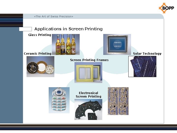 Applications in Screen Printing Glass Printing Ceramic Printing Solar Technology Screen Printing Frames Electronical