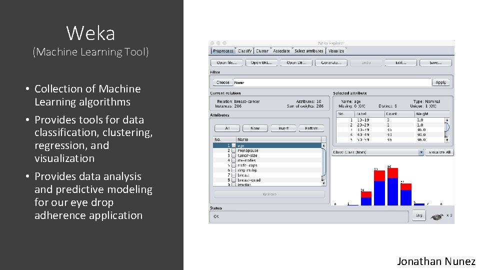 Weka (Machine Learning Tool) • Collection of Machine Learning algorithms • Provides tools for