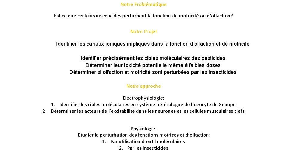Notre Problématique Est ce que certains insecticides perturbent la fonction de motricité ou d’olfaction?