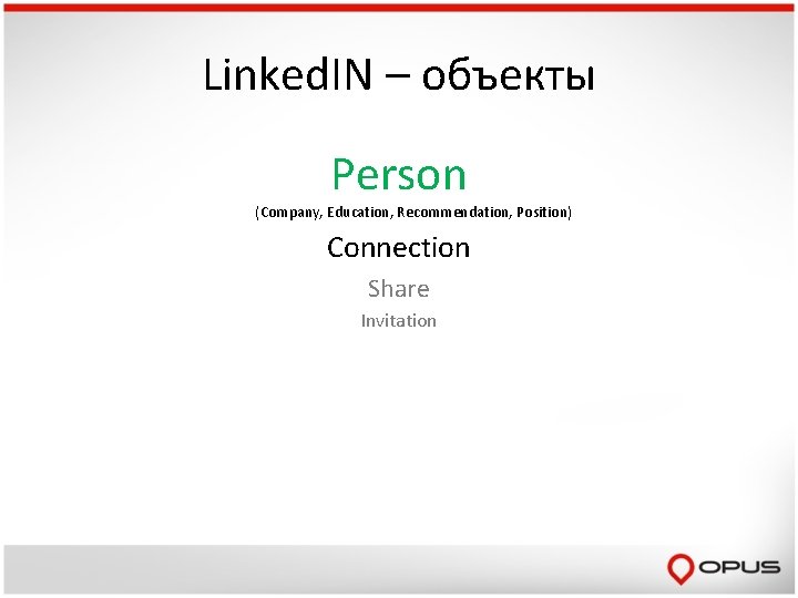 Linked. IN – объекты Person (Company, Education, Recommendation, Position) Connection Share Invitation 
