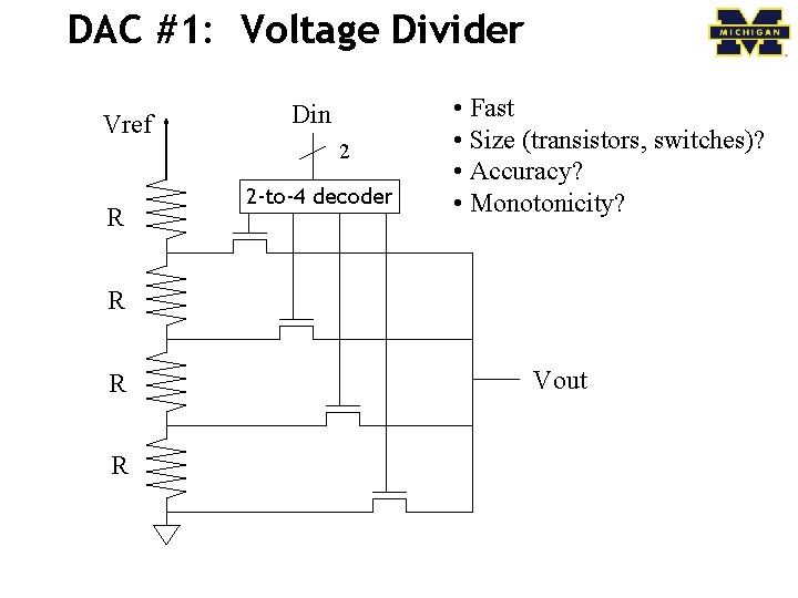 DAC #1: Voltage Divider Vref R Din 2 2 -to-4 decoder • Fast •