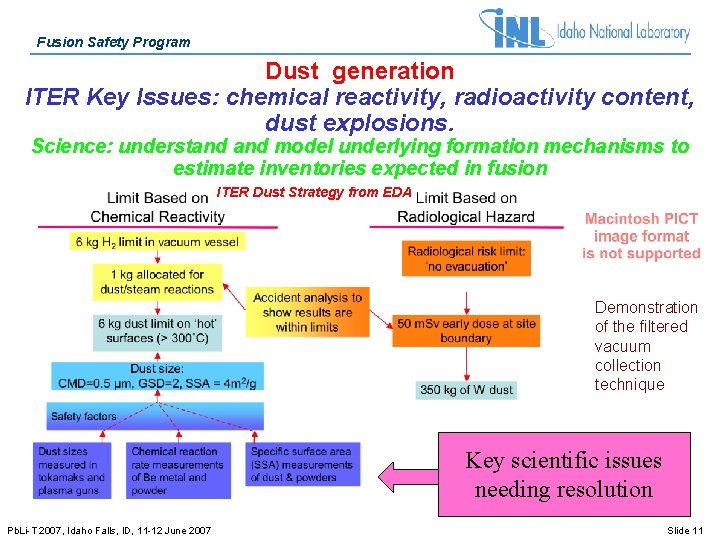 Fusion Safety Program Dust generation ITER Key Issues: chemical reactivity, radioactivity content, dust explosions.