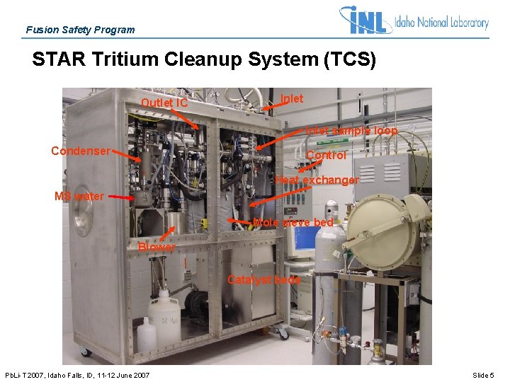 Fusion Safety Program STAR Tritium Cleanup System (TCS) Outlet IC Inlet sample loop Condenser