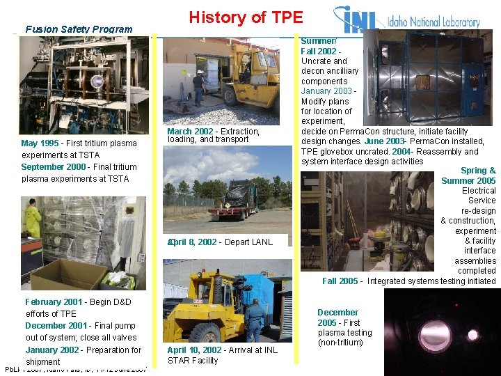 Fusion Safety Program May 1995 - First tritium plasma experiments at TSTA September 2000