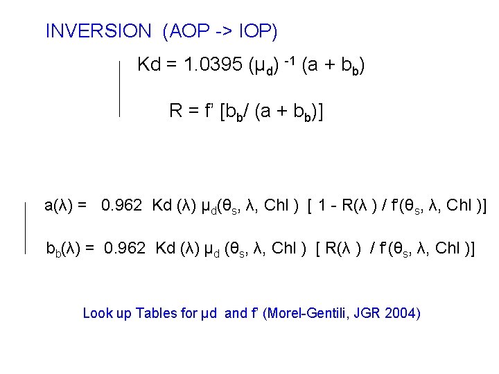 INVERSION (AOP -> IOP) Kd = 1. 0395 (μd) -1 (a + bb) R