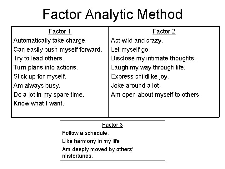 Factor Analytic Method Factor 1 Automatically take charge. Can easily push myself forward. Try