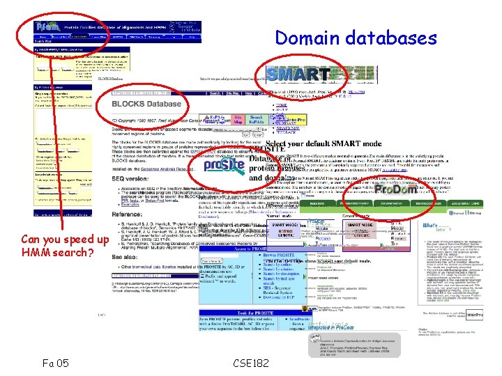 Domain databases Can you speed up HMM search? Fa 05 CSE 182 