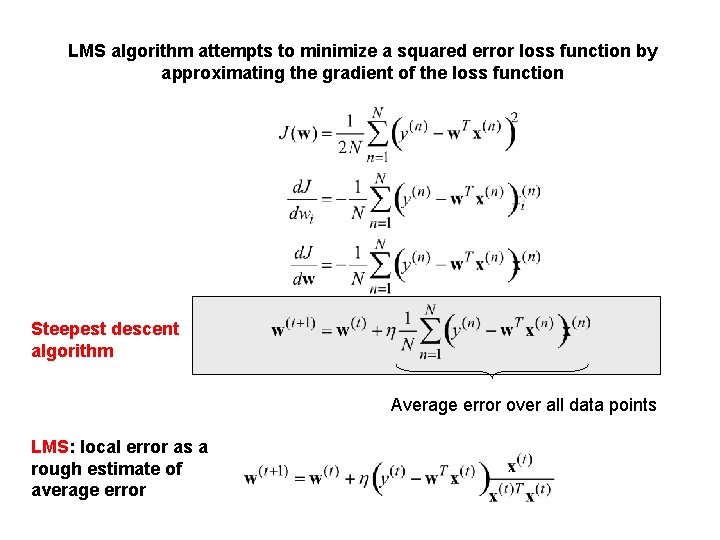 LMS algorithm attempts to minimize a squared error loss function by approximating the gradient LMS algorithm attempts to minimize a squared error loss function by approximating the gradient
