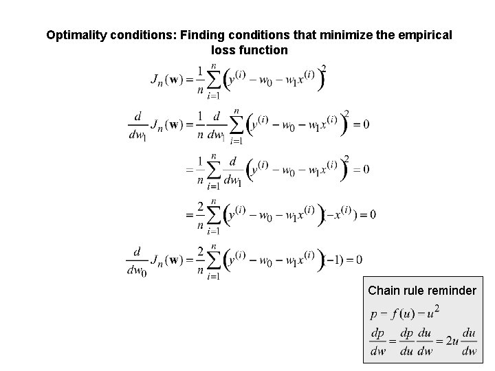 Optimality conditions: Finding conditions that minimize the empirical loss function Chain rule reminder 