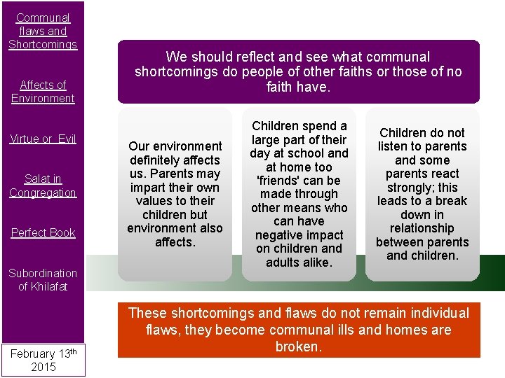 Communal flaws and Shortcomings Affects of Environment Virtue or Evil Salat in Congregation Perfect