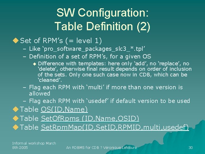 SW Configuration: Table Definition (2) u Set of RPM’s (= level 1) – Like